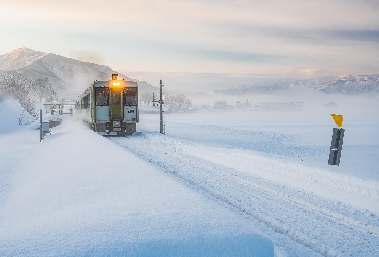 Fast train in Japan with mountain scenery in the background