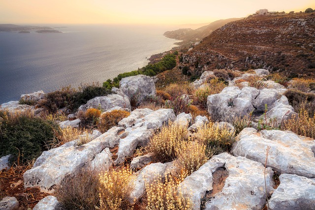 View of whitewashed buildings and blue sea in the Greek islands