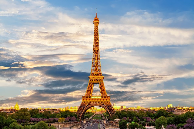 Paris skyline with the Eiffel Tower at sunset