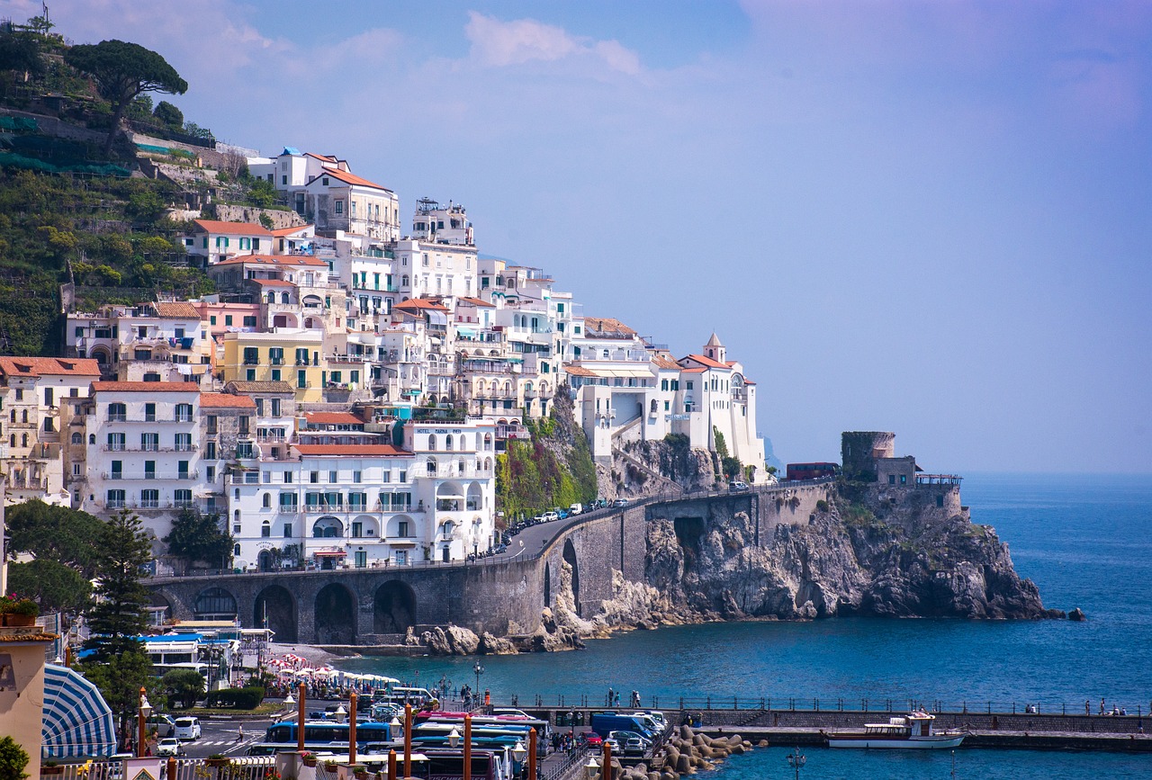 View of the Amalfi Coast with colorful houses on cliffs above the sea