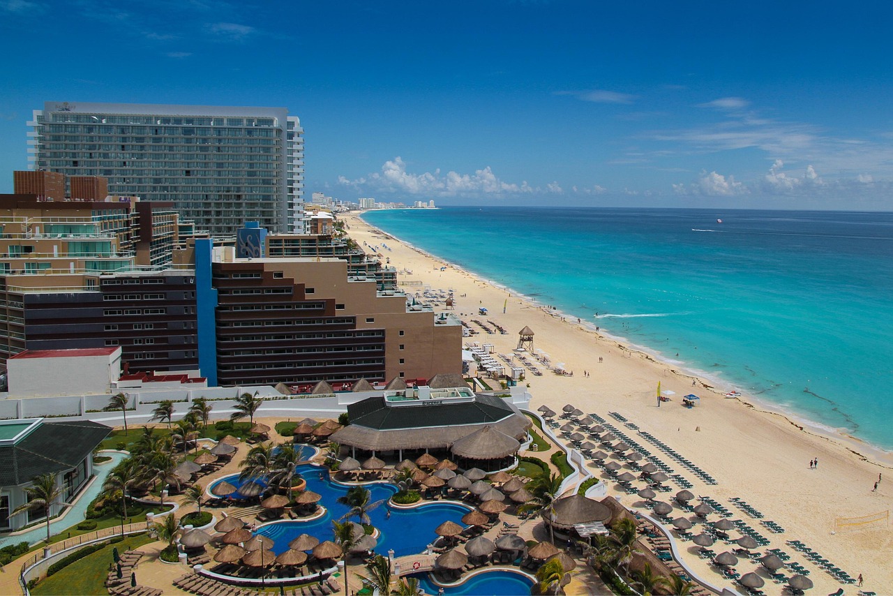 Cancun beach resort coastline with turquoise water in Mexico