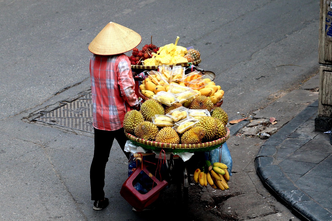 Vietnam street food market with local produce and stalls